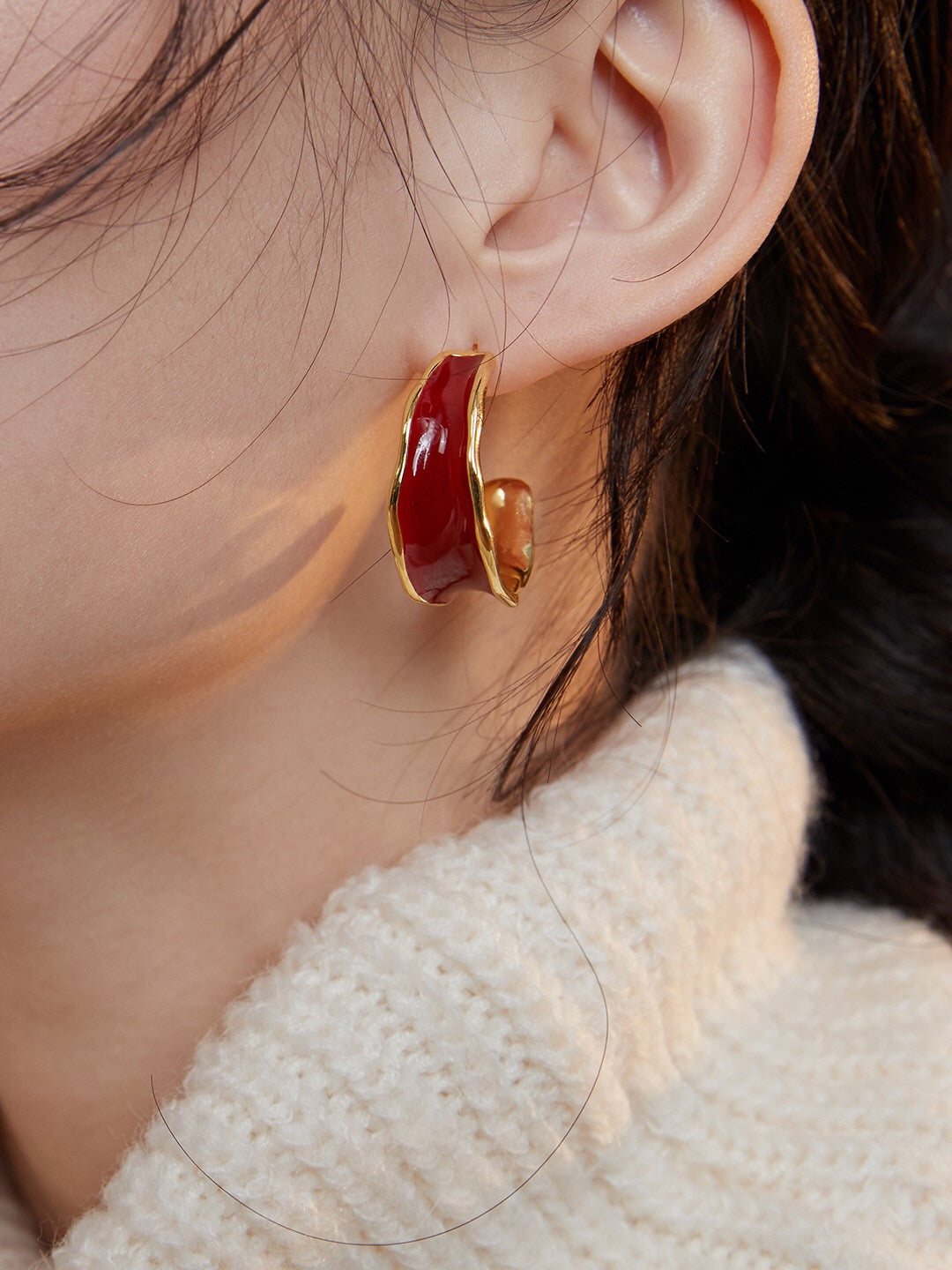 A pair of handmade Red Drip Glaze C Shape Earrings featuring sterling silver and gold vermeil, showcasing a vibrant drip glaze finish.