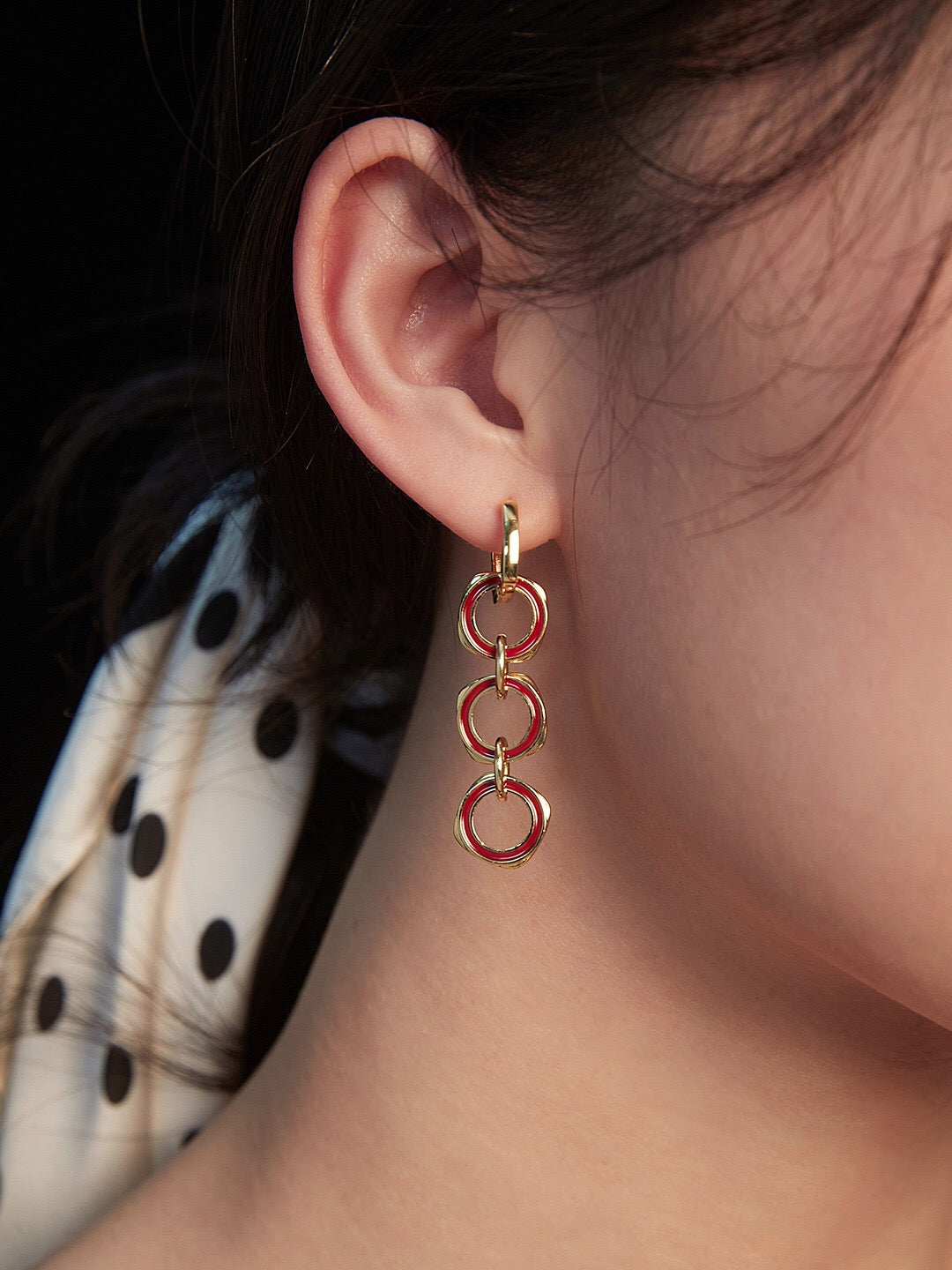 Elegant Red Drop Glaze Round Earrings made of sterling silver and gold vermeil, featuring a unique dripping glaze design.