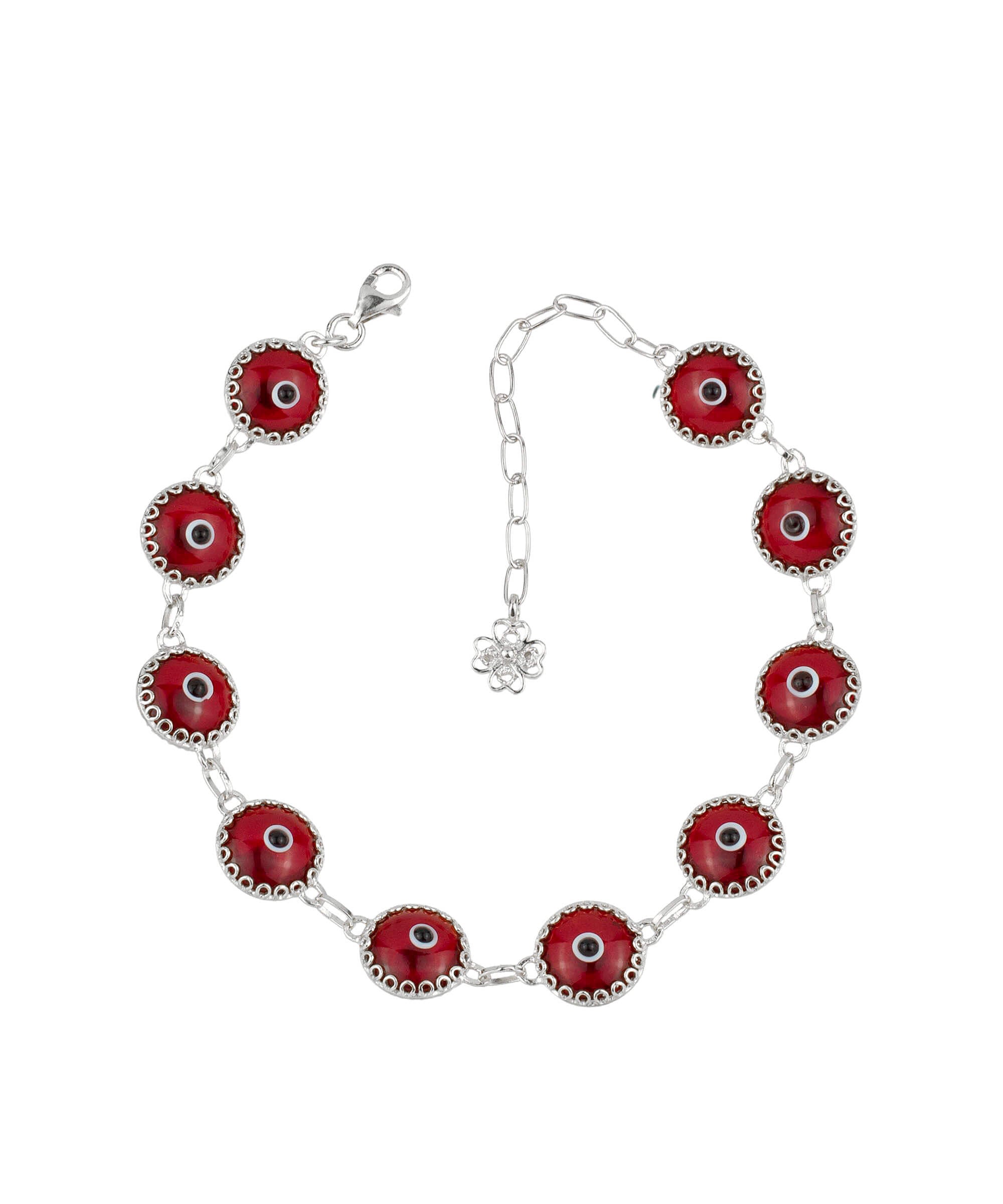 Red Evil Eye Sterling Silver Adjustable Link Bracelet featuring a strong rolo chain and ten beads wrapped in silver prongs.