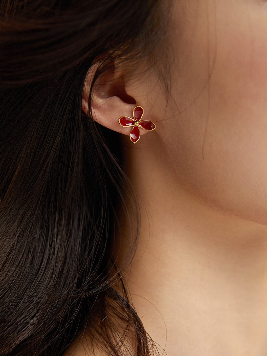 Handmade Red Flower Drip Glaze Stud earrings featuring gold vermeil on sterling silver, showcasing a vibrant red floral design.