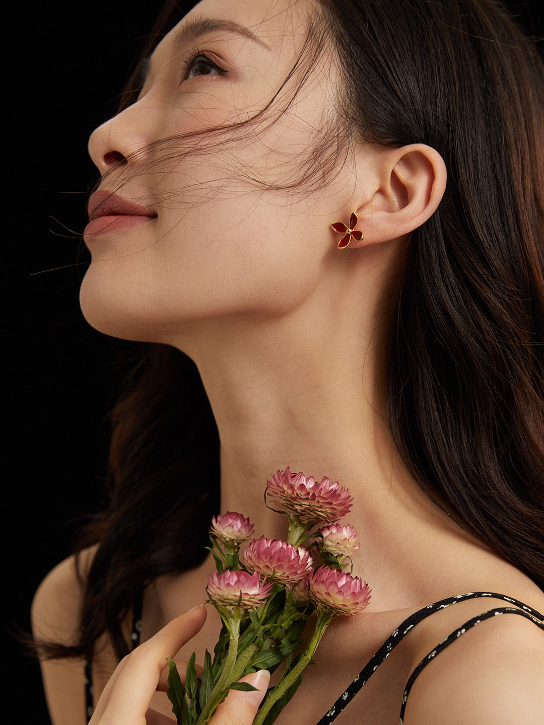 Handmade Red Flower Drip Glaze Stud earrings featuring gold vermeil on sterling silver, showcasing a vibrant red floral design.