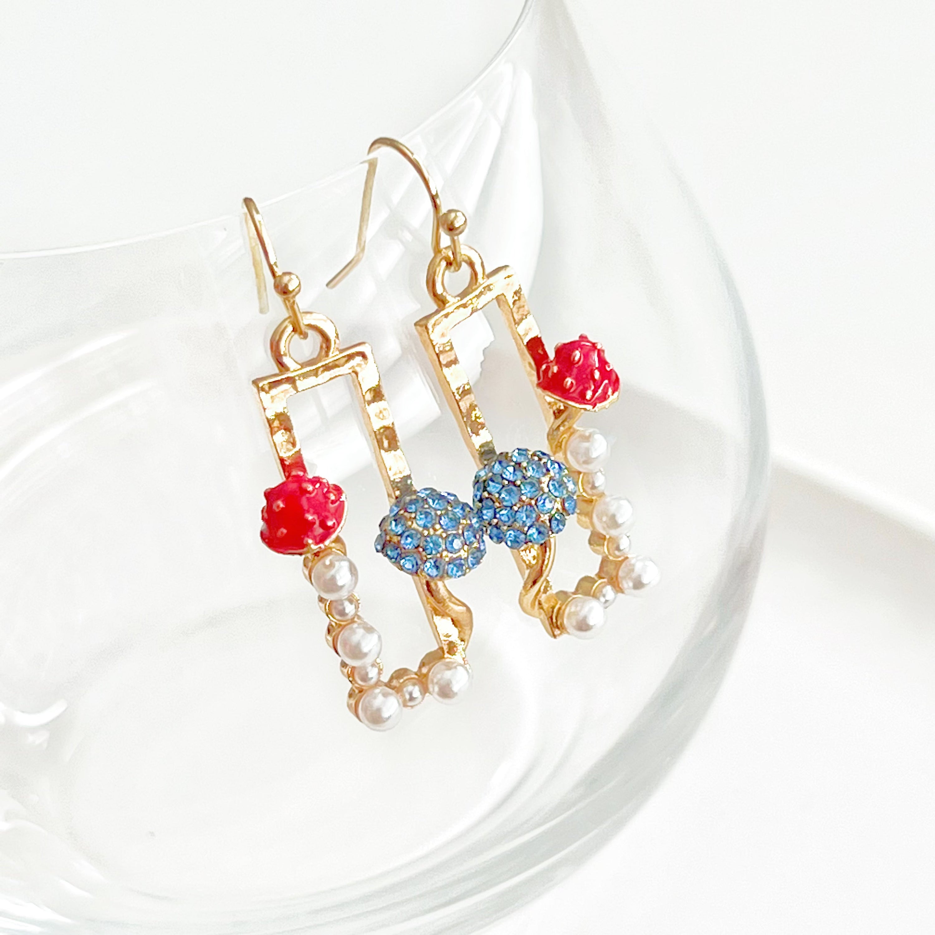 Red Fly Agaric and Blue Roundhead Mushroom Good Luck Drop Earrings with zircon crystals, showcasing vibrant colors and intricate design.