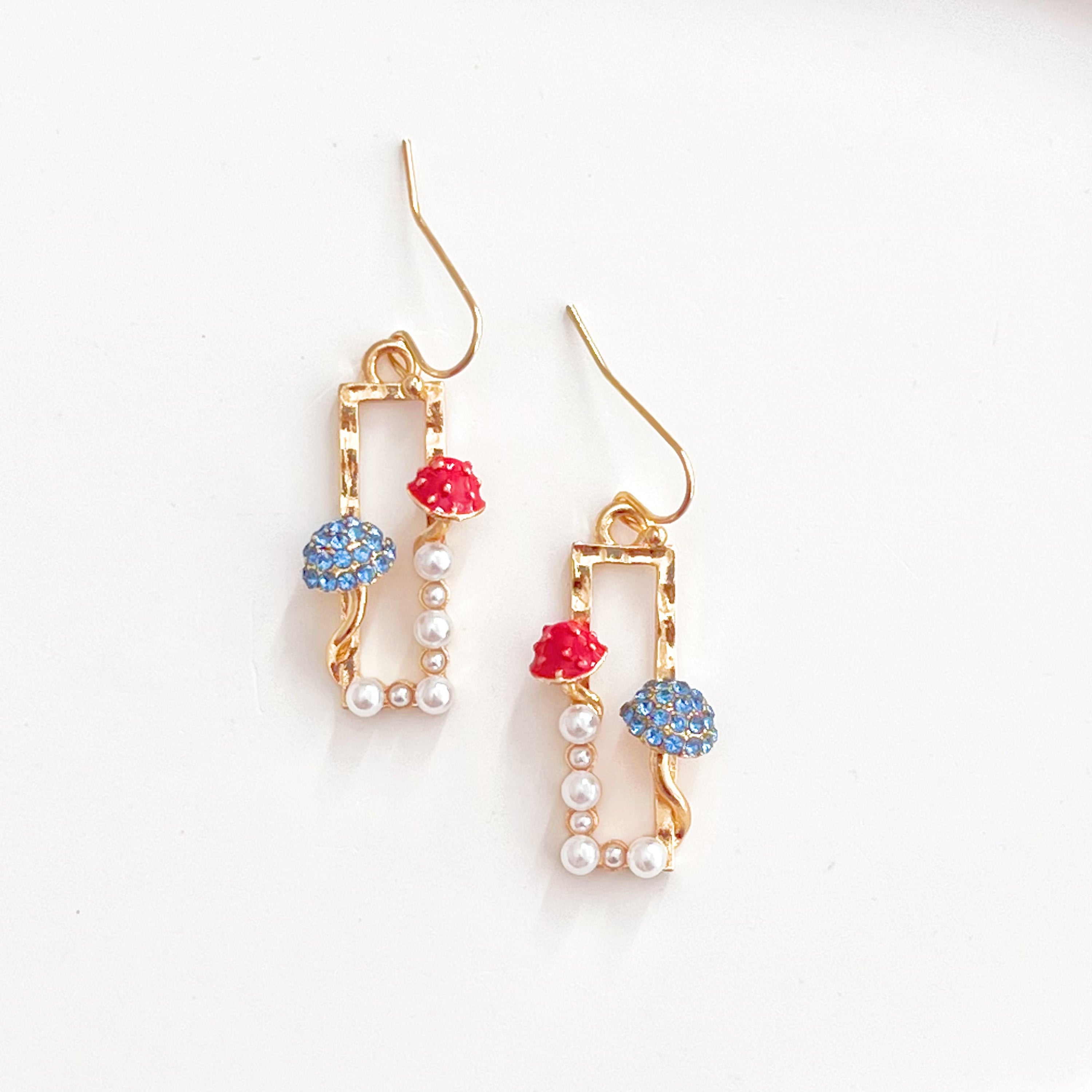 Red Fly Agaric and Blue Roundhead Mushroom Good Luck Drop Earrings with zircon crystals, showcasing vibrant colors and intricate design.