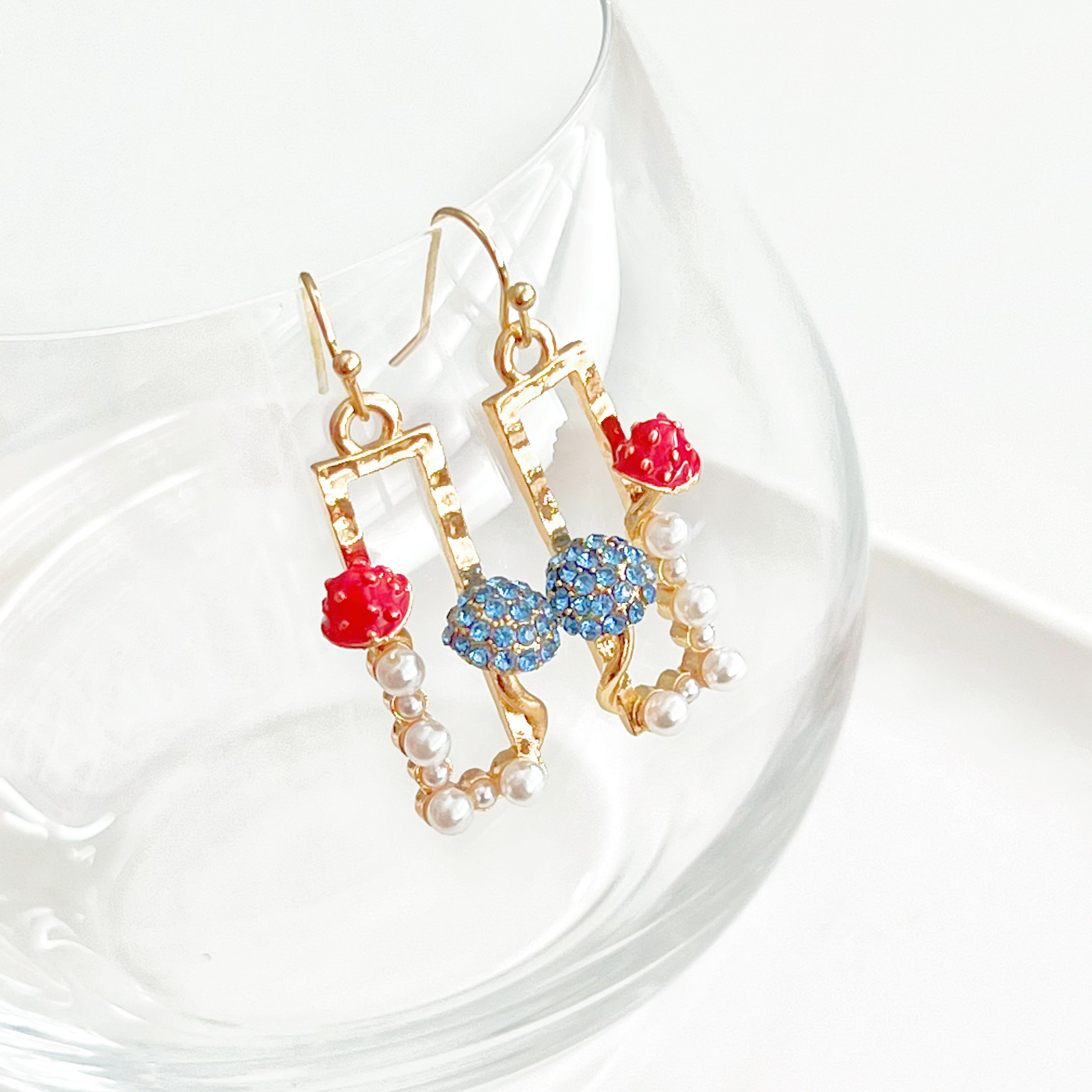 Red Fly Agaric and Blue Roundhead Mushroom Good Luck Drop Earrings with zircon crystals, showcasing vibrant colors and intricate design.