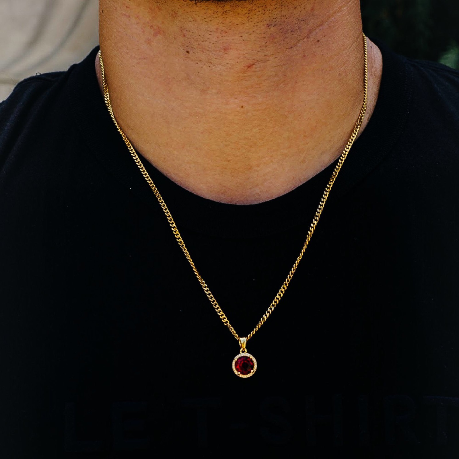 RED RUBY Steel Micro Necklace featuring sparkling Cubic Zirconia on a solid Cuban chain, perfect for hip hop fashion.