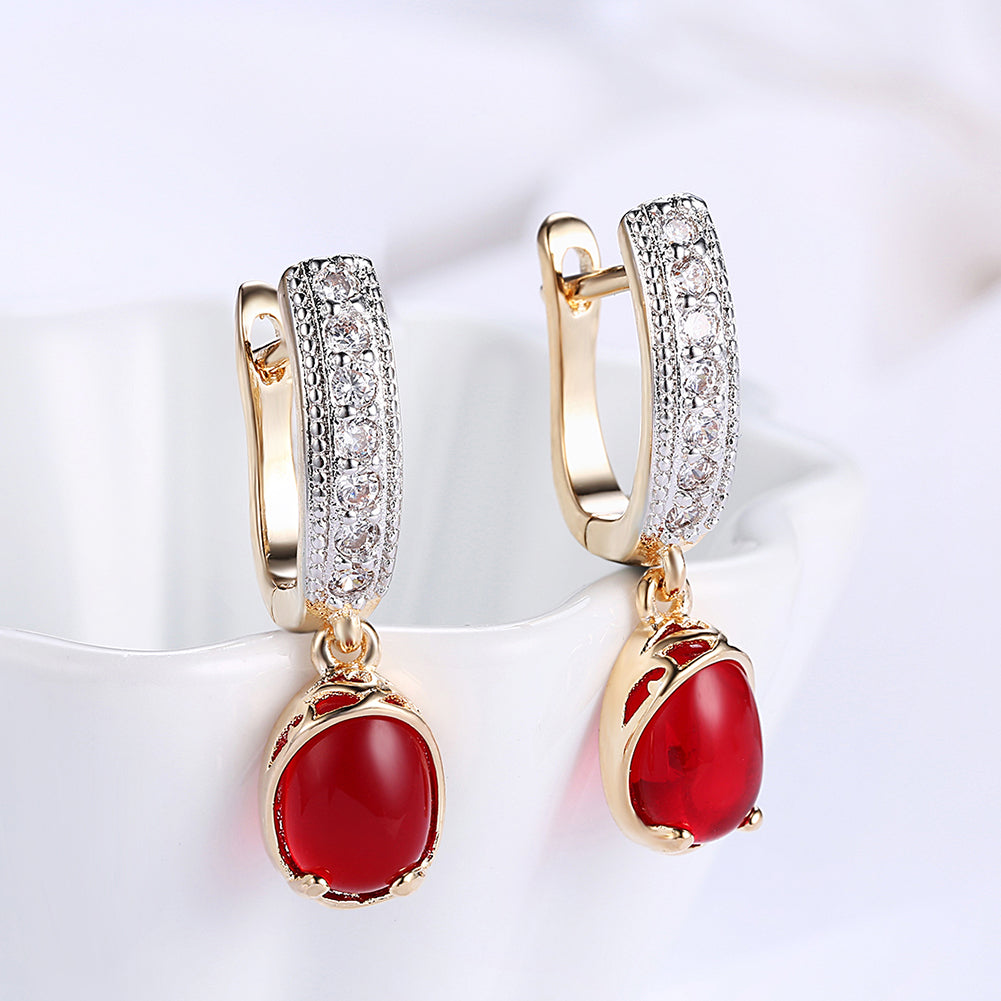 Elegant Red Stone Classic Resin Drop Earrings in 18K gold plating, showcasing a vibrant red stone and delicate design.