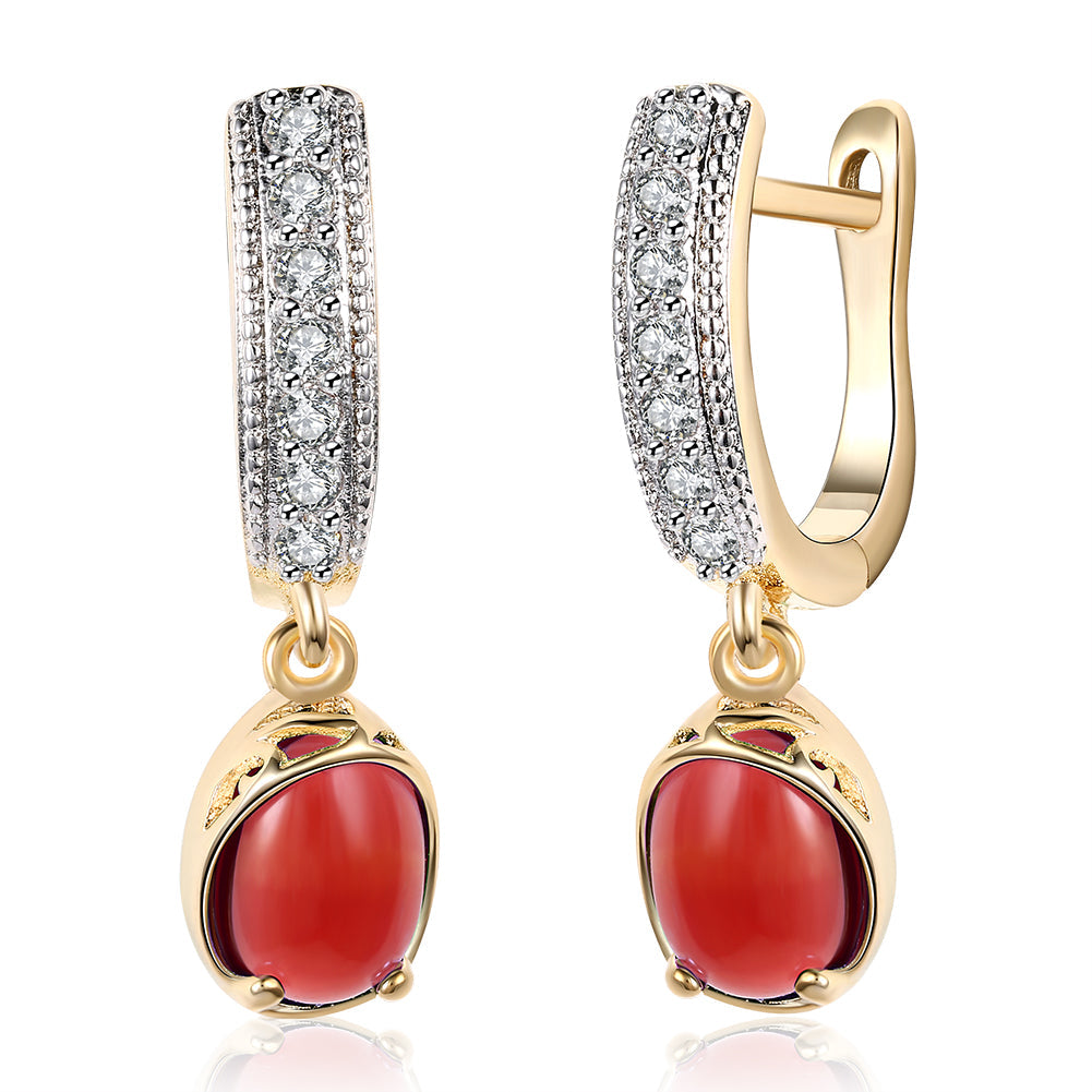 Elegant Red Stone Classic Resin Drop Earrings in 18K gold plating, showcasing a vibrant red stone and delicate design.