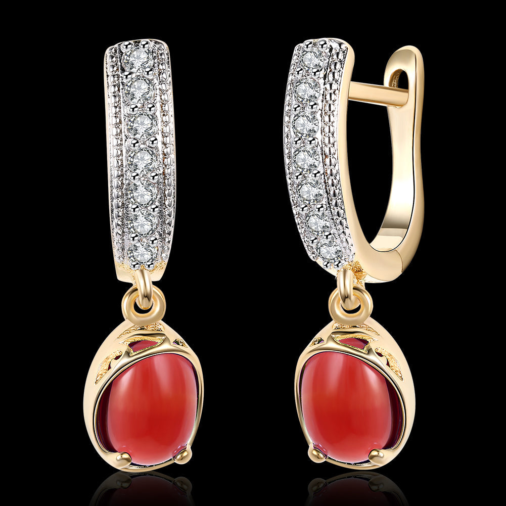 Elegant Red Stone Classic Resin Drop Earrings in 18K gold plating, showcasing a vibrant red stone and delicate design.