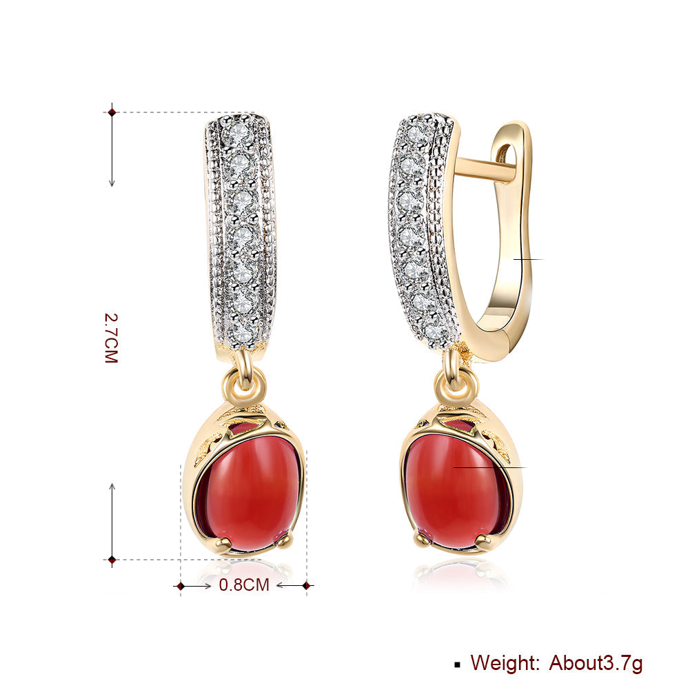 Elegant Red Stone Classic Resin Drop Earrings in 18K gold plating, showcasing a vibrant red stone and delicate design.