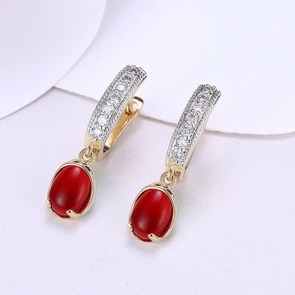 Elegant Red Stone Classic Resin Drop Earrings in 18K gold plating, showcasing a vibrant red stone and delicate design.