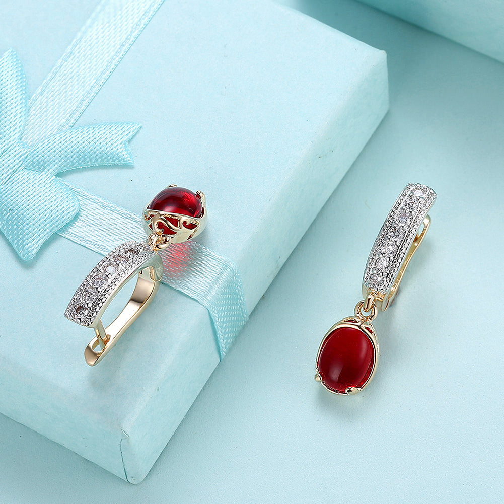 Elegant Red Stone Classic Resin Drop Earrings in 18K gold plating, showcasing a vibrant red stone and delicate design.