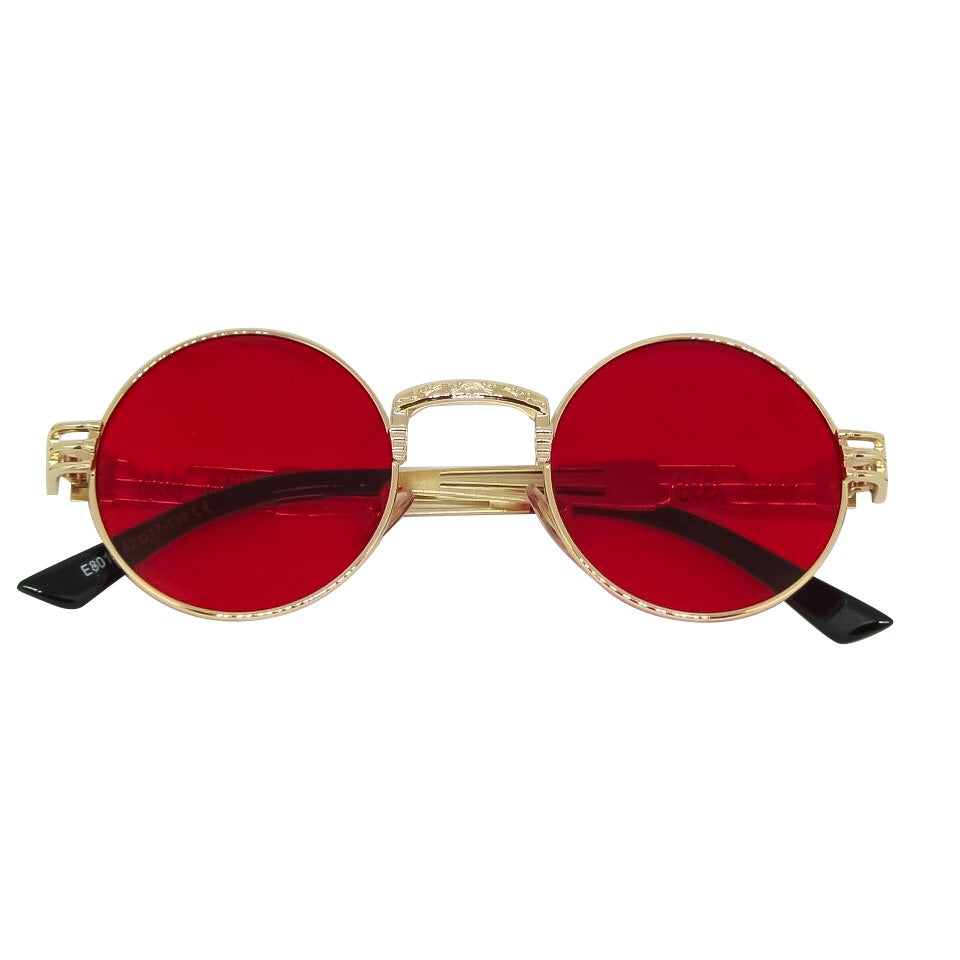 Stylish red and gold sunglasses made from metal and acrylic, featuring a non-tarnish finish and unisex design.