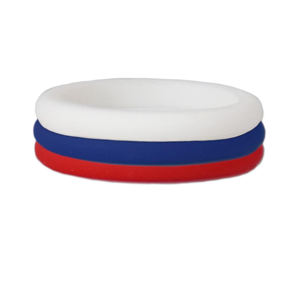 A stackable silicone ring in red, navy, and white colors, showcasing its sleek design and 3mm height.