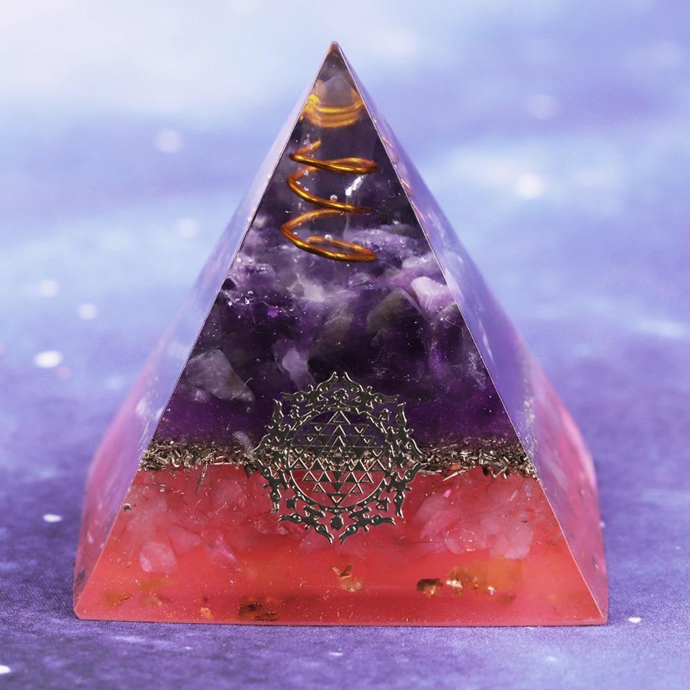 A handcrafted Reiki Healing Energy Amethyst Orgone Pyramid featuring amethyst, rose quartz, copper, and crystal points, designed for EMF protection and chakra healing.