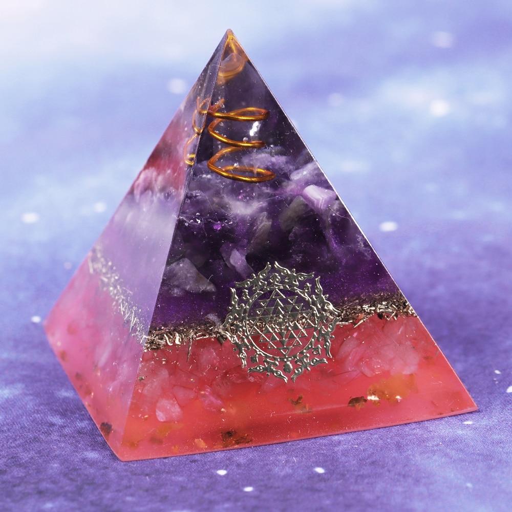 A handcrafted Reiki Healing Energy Amethyst Orgone Pyramid featuring amethyst, rose quartz, copper, and crystal points, designed for EMF protection and chakra healing.