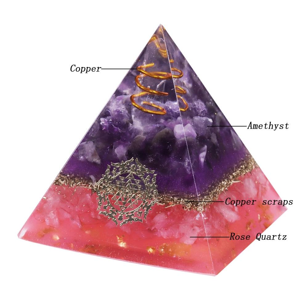 A handcrafted Reiki Healing Energy Amethyst Orgone Pyramid featuring amethyst, rose quartz, copper, and crystal points, designed for EMF protection and chakra healing.