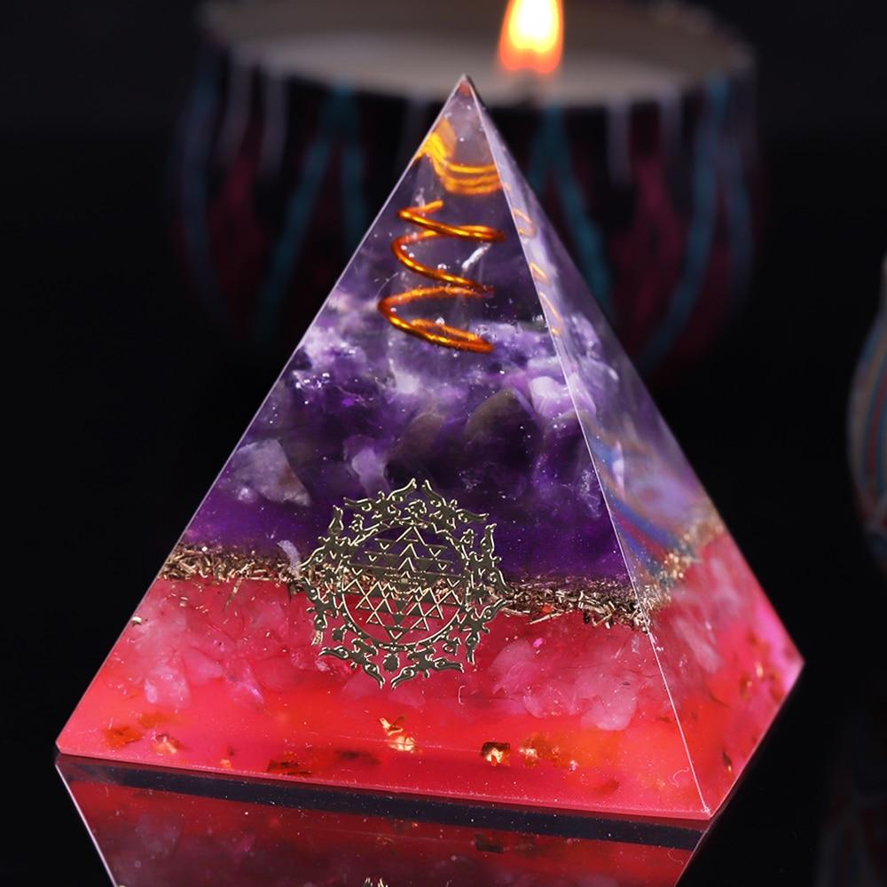 A handcrafted Reiki Healing Energy Amethyst Orgone Pyramid featuring amethyst, rose quartz, copper, and crystal points, designed for EMF protection and chakra healing.