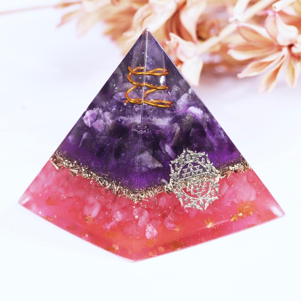 A handcrafted Reiki Healing Energy Amethyst Orgone Pyramid featuring amethyst, rose quartz, copper, and crystal points, designed for EMF protection and chakra healing.