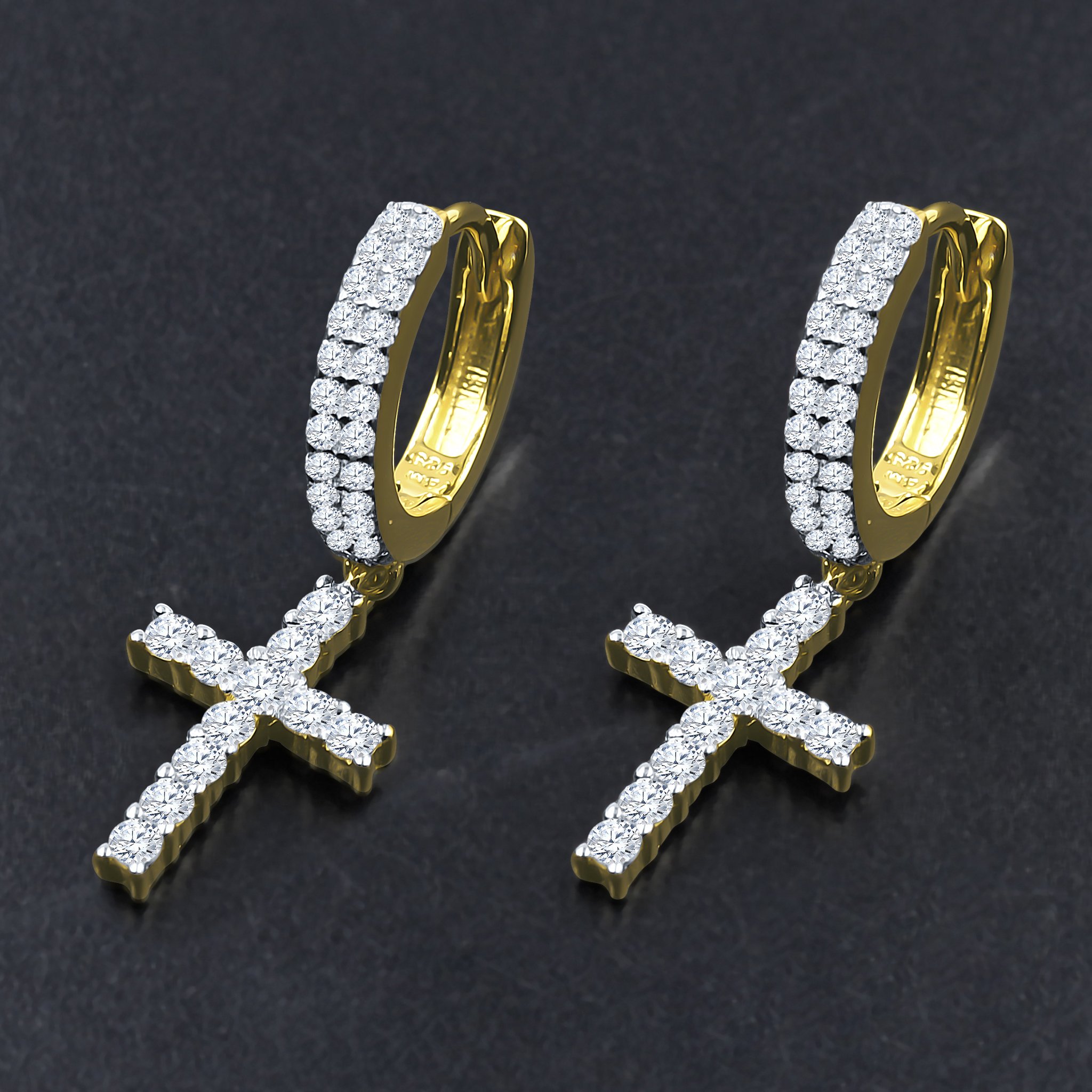 A pair of RELIQUARY Silver Earrings featuring a cross design embellished with cubic zircon stones, showcasing elegance and craftsmanship.