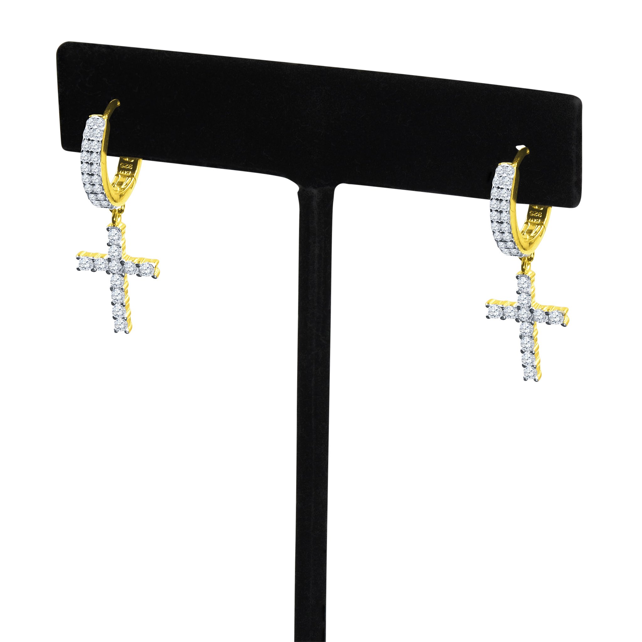 A pair of RELIQUARY Silver Earrings featuring a cross design embellished with cubic zircon stones, showcasing elegance and craftsmanship.