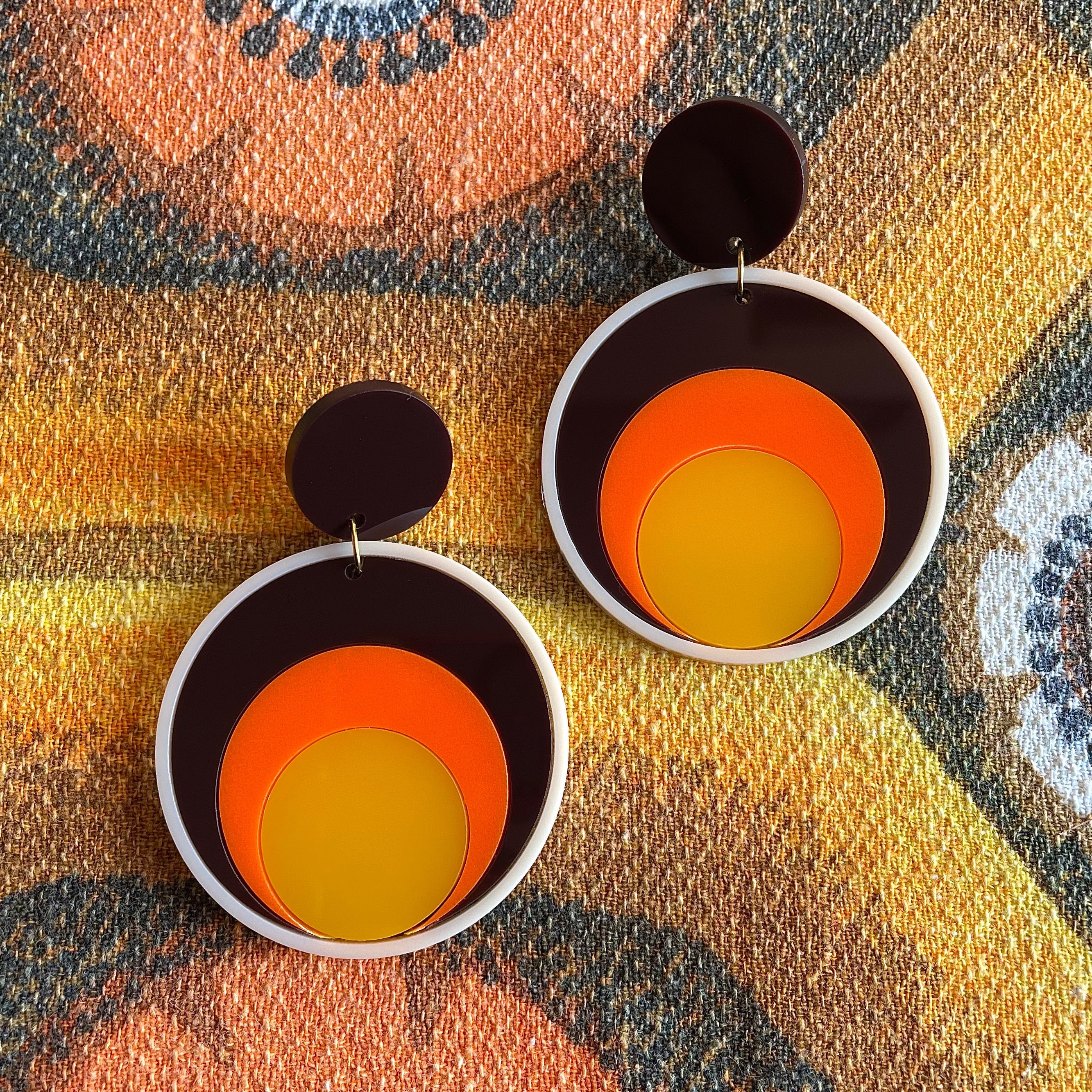 Colorful Retro Circles Earrings featuring laser-cut acrylic in a vibrant design, measuring 7cm in height and 5cm in width.