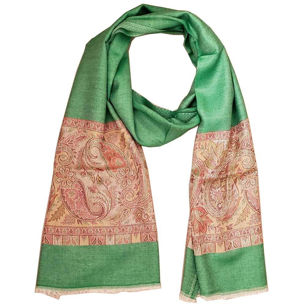 Reversible faux pashmina in silk rayon blend featuring a paisley design, available in beige and green colors, elegantly draped.