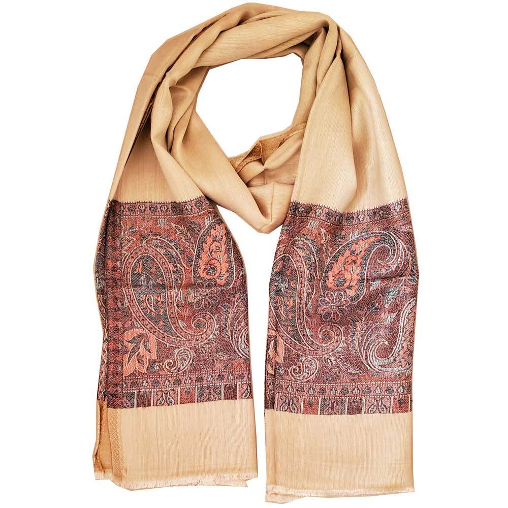 Reversible faux pashmina scarf featuring a luxurious silk-rayon blend with an elegant paisley print design, showcasing its vibrant colors and soft texture.