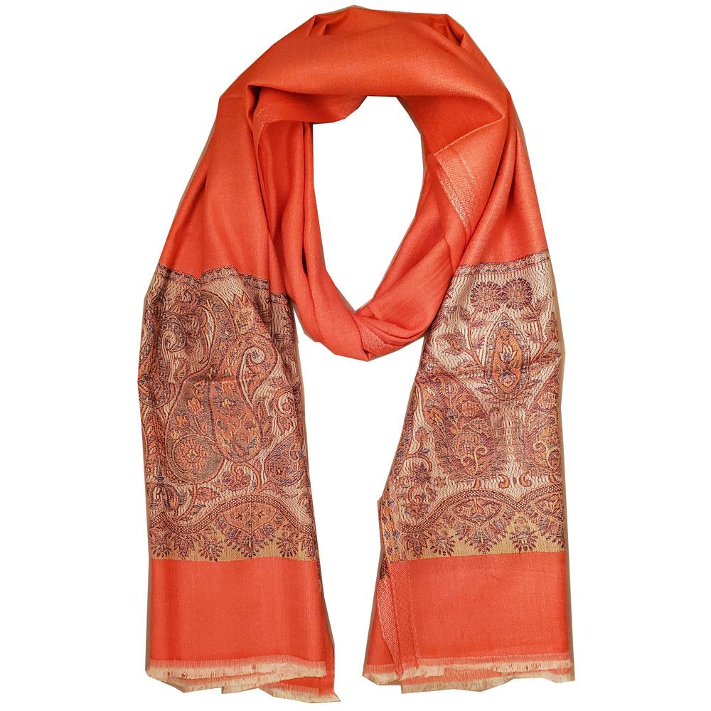 Reversible faux pashmina scarf featuring a luxurious silk-rayon blend with an elegant paisley print design, showcasing its vibrant colors and soft texture.