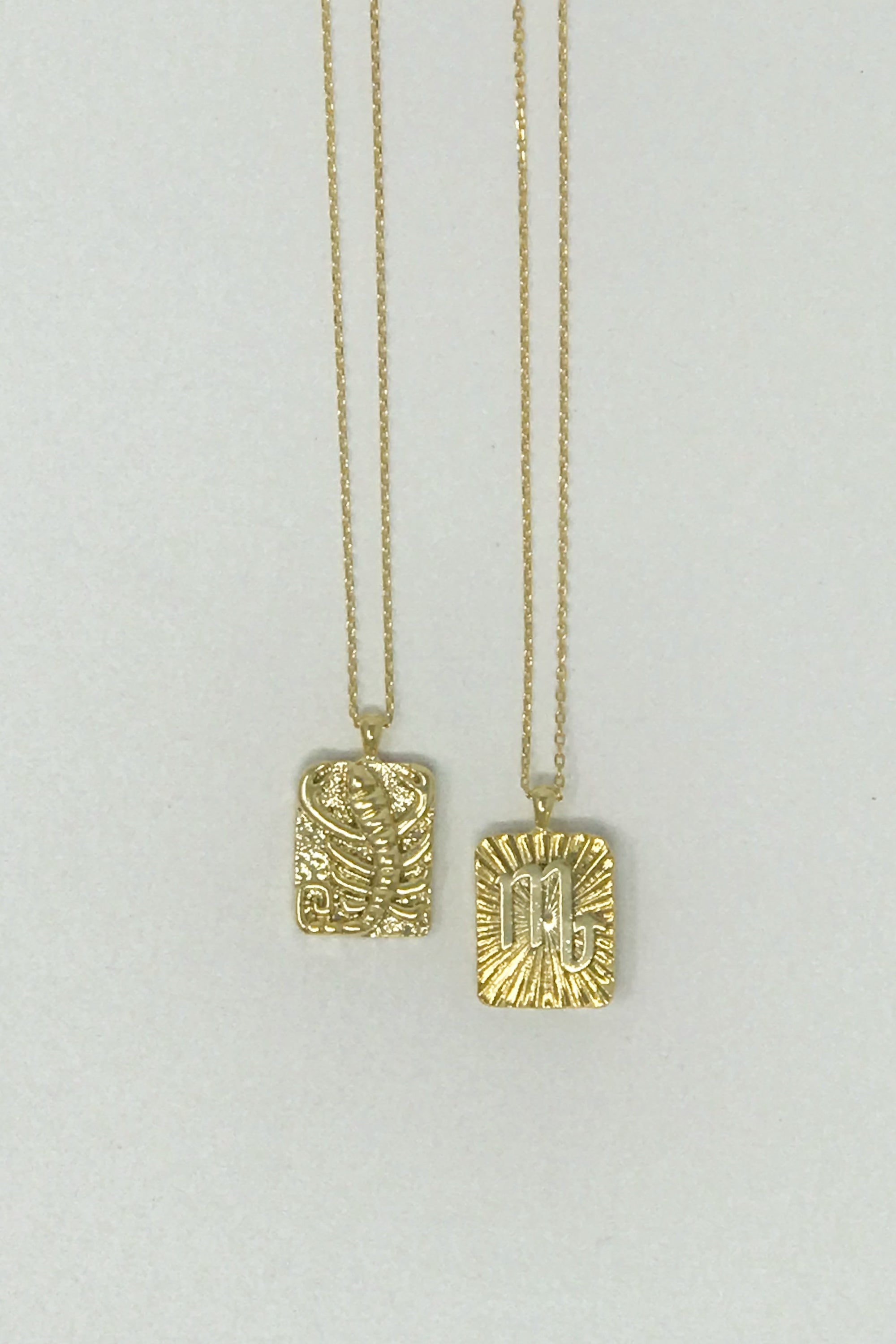 Elegant reversible gold pendant necklace featuring zodiac constellation signs, showcasing both sides of the design.