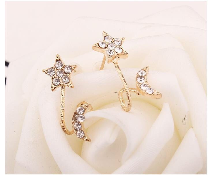 Rhinestone Moon and Star Ear Clip featuring sparkling rhinestones on an alloy base, showcasing a celestial design.