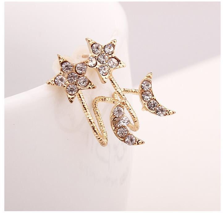 Rhinestone Moon and Star Ear Clip featuring sparkling rhinestones on an alloy base, showcasing a celestial design.