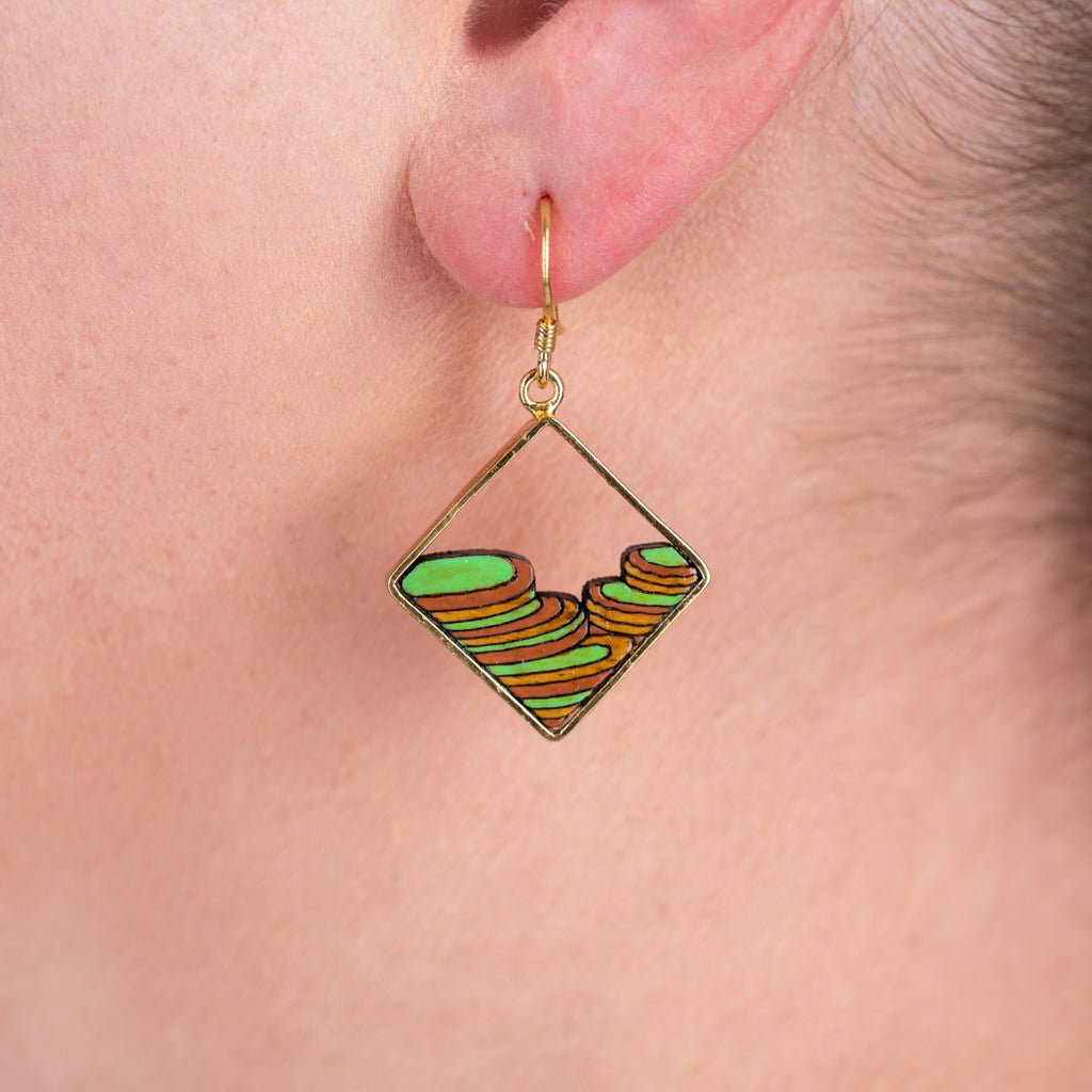 Handmade Rice Terrace Eco-friendly Recycled Wood Gold Earrings featuring unique wood patterns and 24K gold plating.