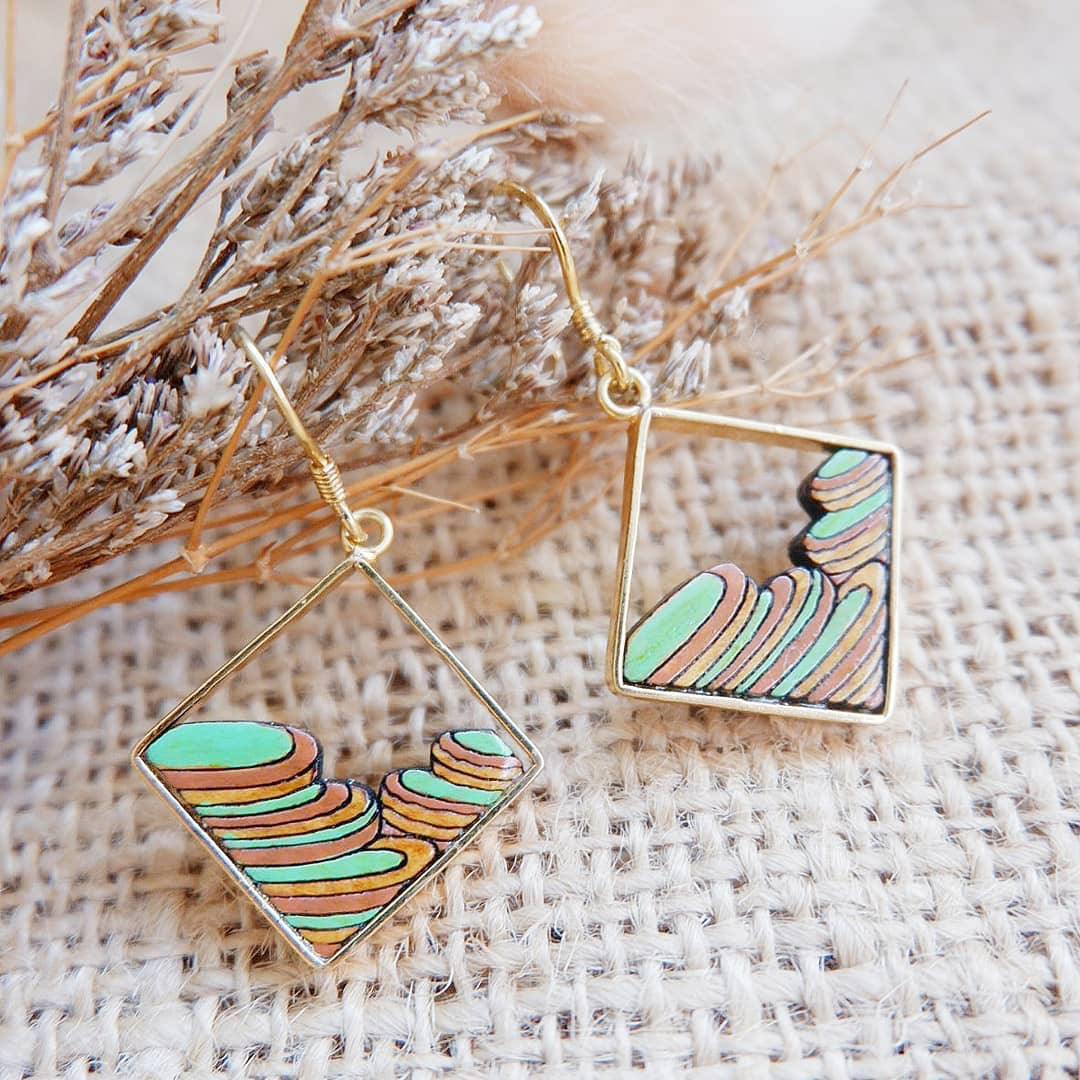 Handmade Rice Terrace Eco-friendly Recycled Wood Gold Earrings featuring unique wood patterns and 24K gold plating.