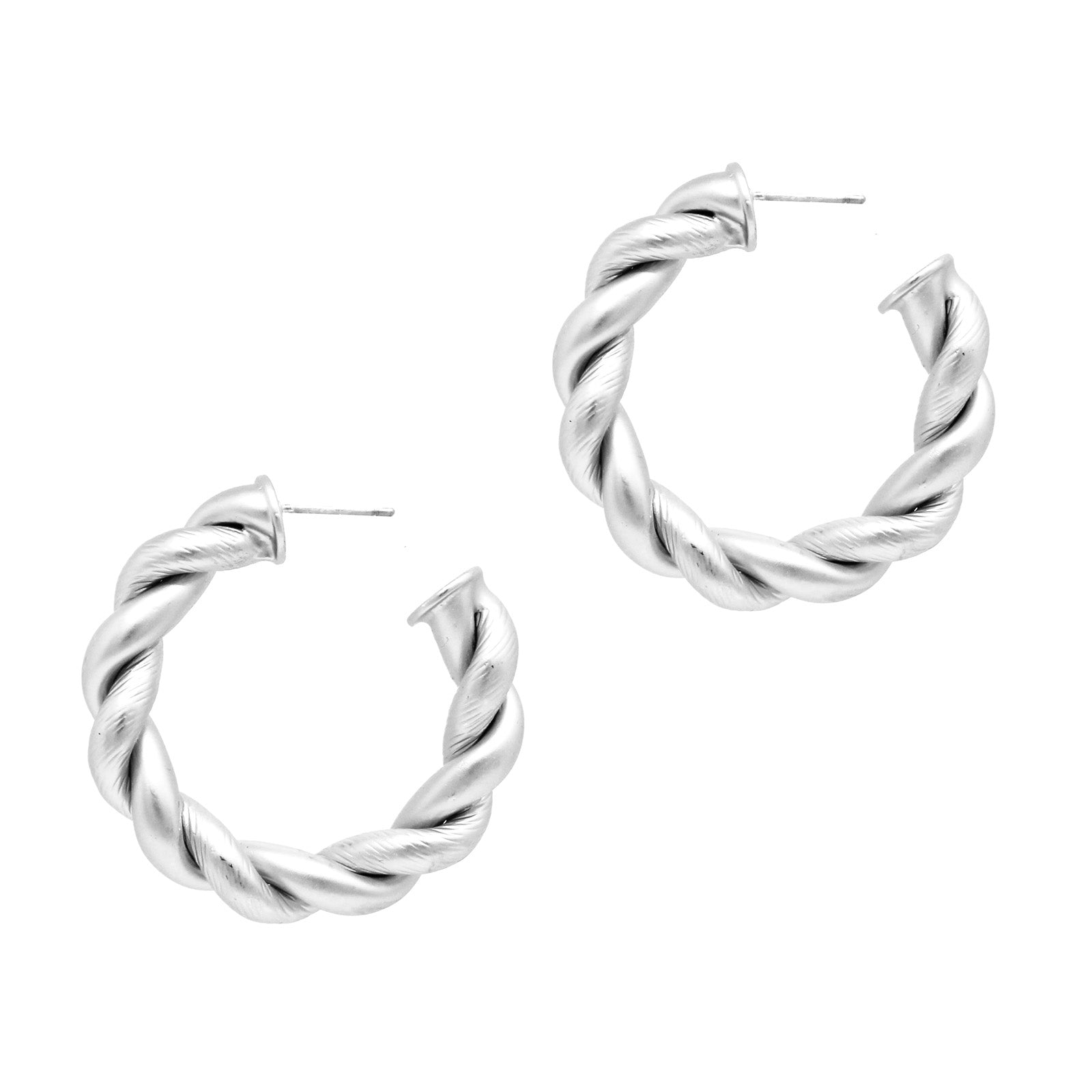 Riley Braided Hoop Earrings featuring a stylish twisted design with a matt finish, measuring approximately 1.5 inches in diameter.