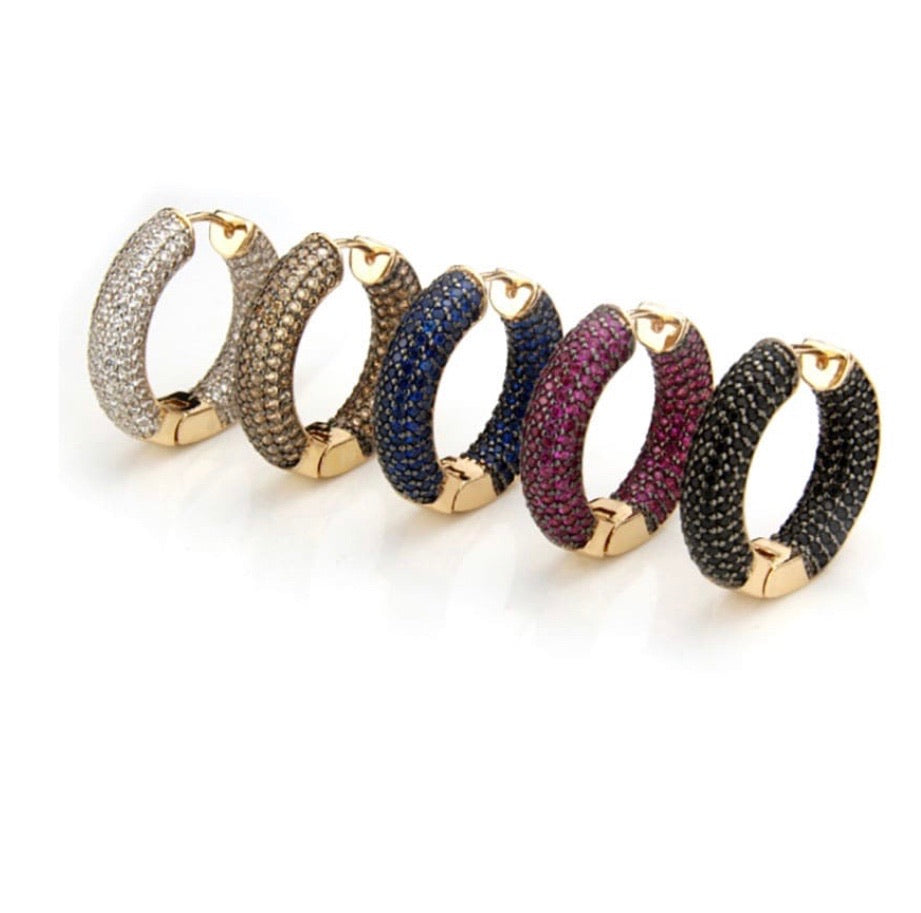 RINA Hoop Earrings featuring colorful cubic zirconias and 14K gold plating, designed for a chic and comfortable fit.