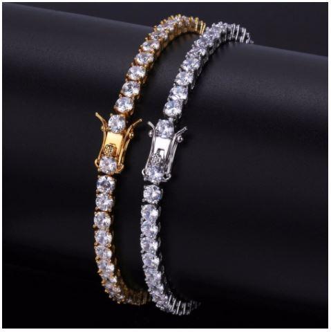 ROCK 4MM One Row Tennis Bracelet featuring cubic zirconia stones set in brass, elegantly designed for a glamorous look.