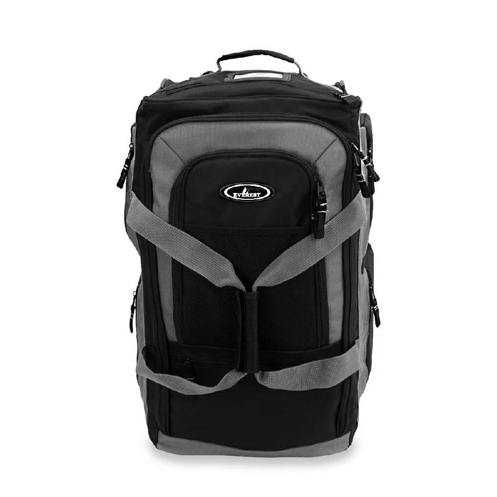 Large Rolling Duffel Bag made of durable 600D polyester with multiple compartments and recessed inline skate wheels for easy transport.