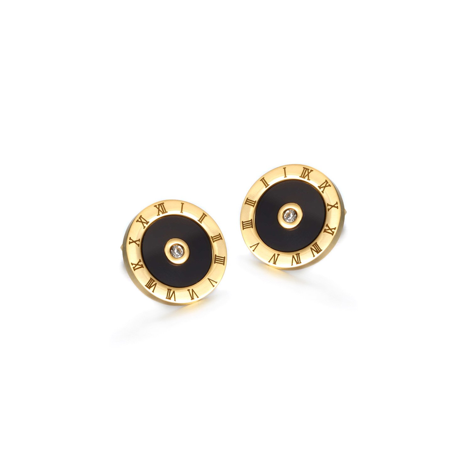 Elegant Roman Numeral Round Earrings made of stainless steel with gold plating.