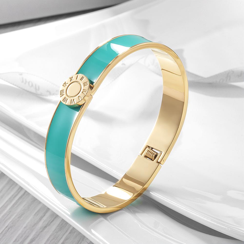 Elegant Roman Numerals Enamel Bangle made from stainless steel with gold plating.