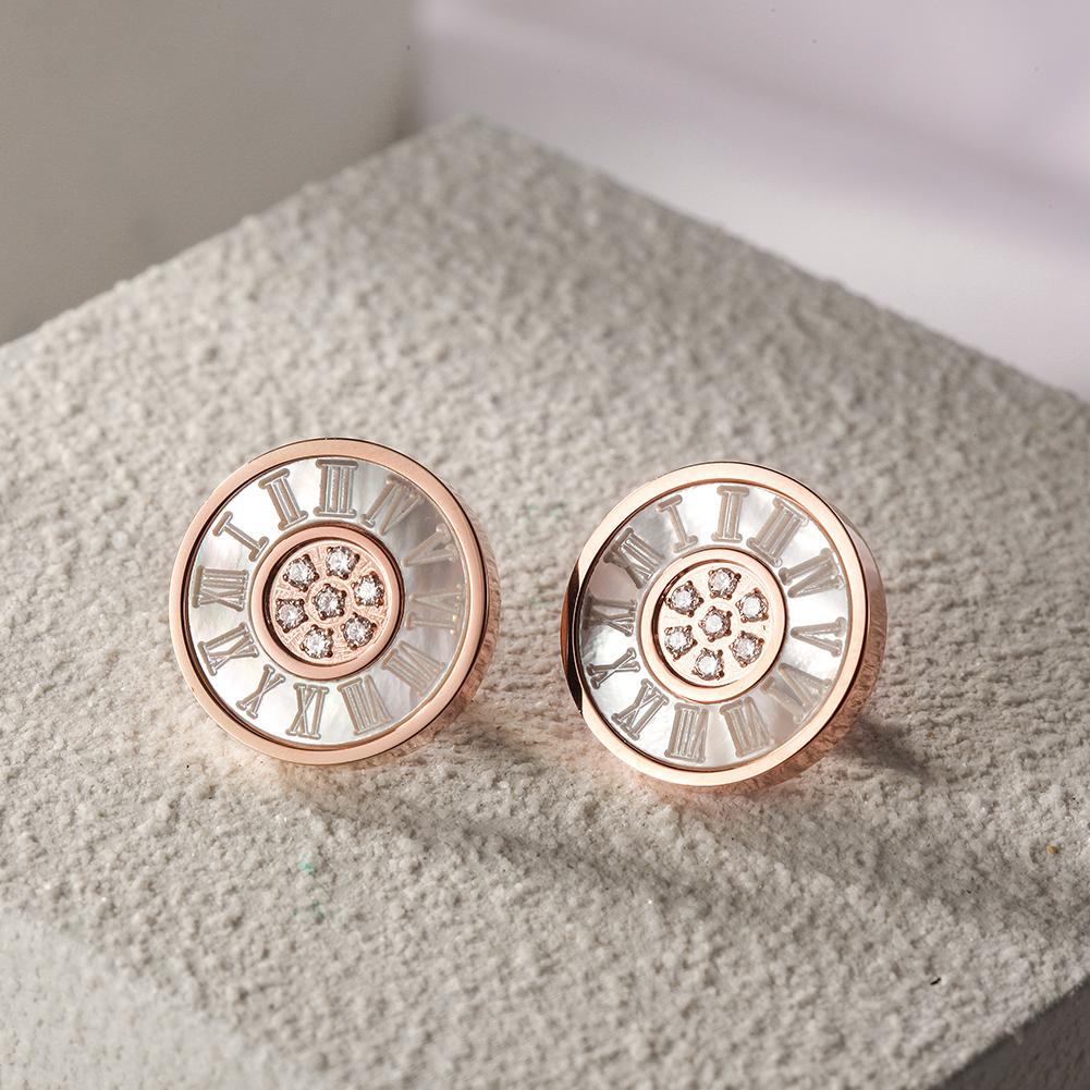 Elegant Roman Numerals Shell CZ Round Earrings made of surgical stainless steel with gold plating.