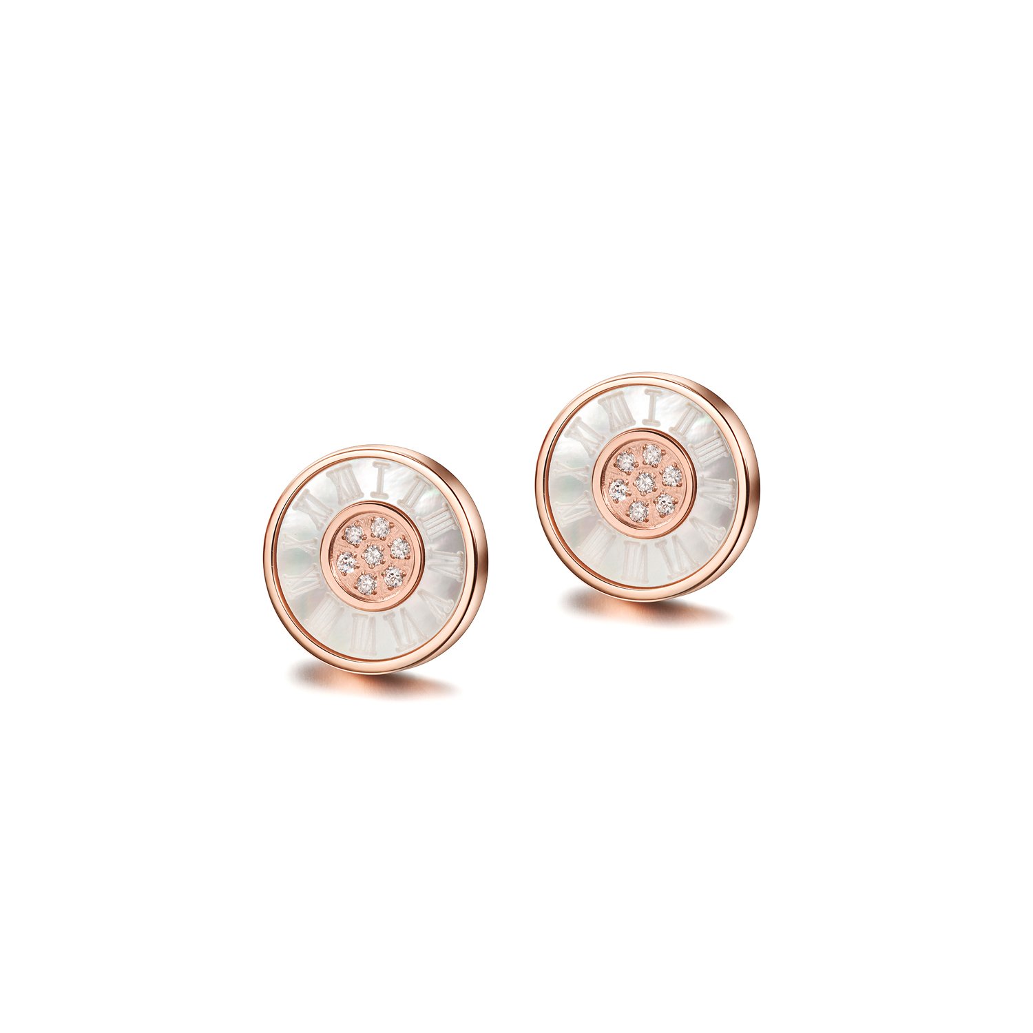 Elegant Roman Numerals Shell CZ Round Earrings made of surgical stainless steel with gold plating.