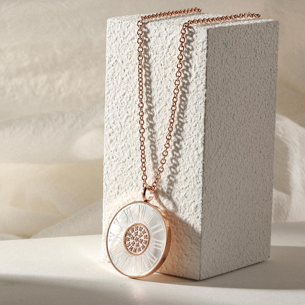 Elegant Roman Numerals Shell Pendant Necklace made of stainless steel with gold plating, showcasing a unique shell design.