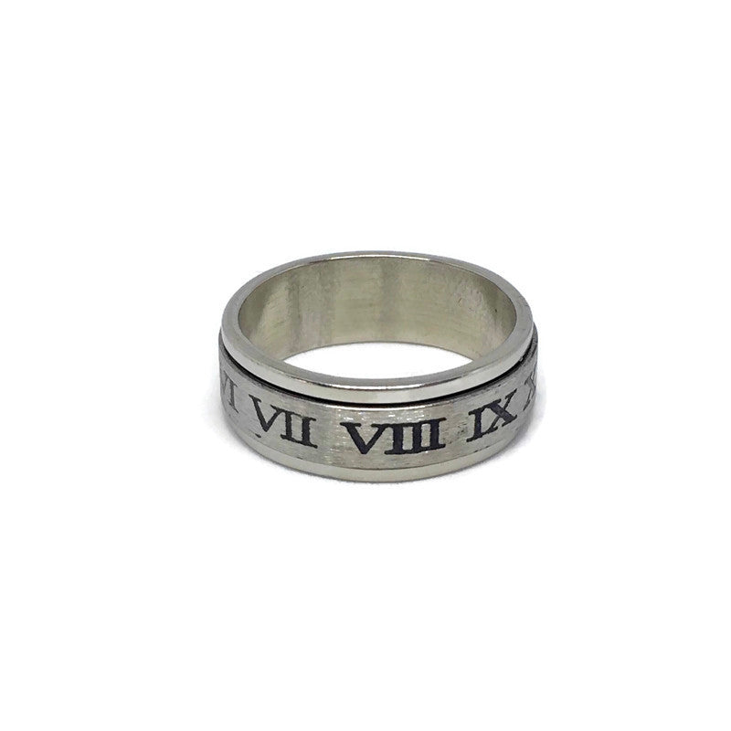 A stylish Roman Numerals Spinning Band Ring made of stainless steel, showcasing its unique spinning feature and bold 1.8cm width.