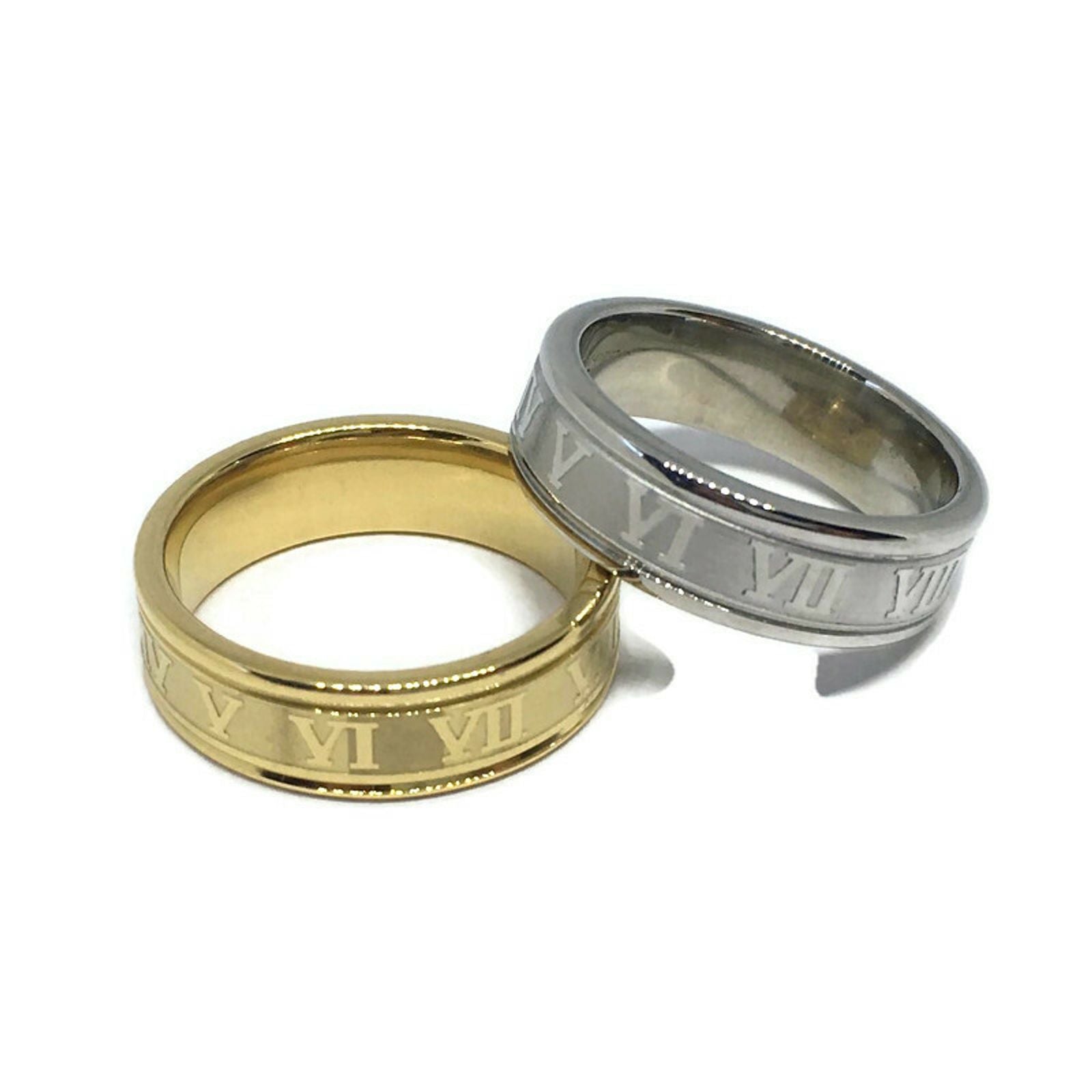 A sleek Roman Numerals Steel Band Ring made of stainless steel, showcasing its elegant design and polished finish.