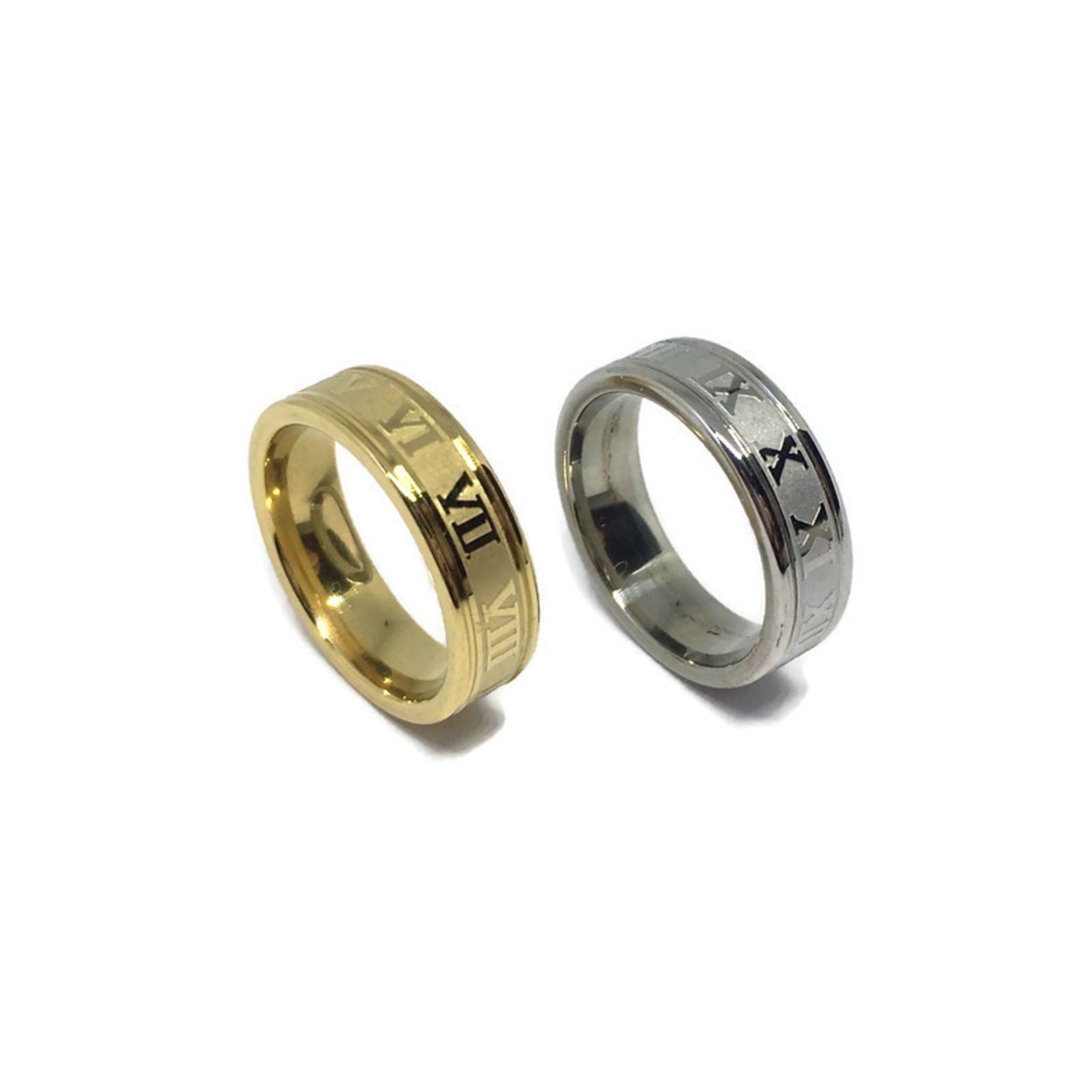 A sleek Roman Numerals Steel Band Ring made of stainless steel, showcasing its elegant design and polished finish.