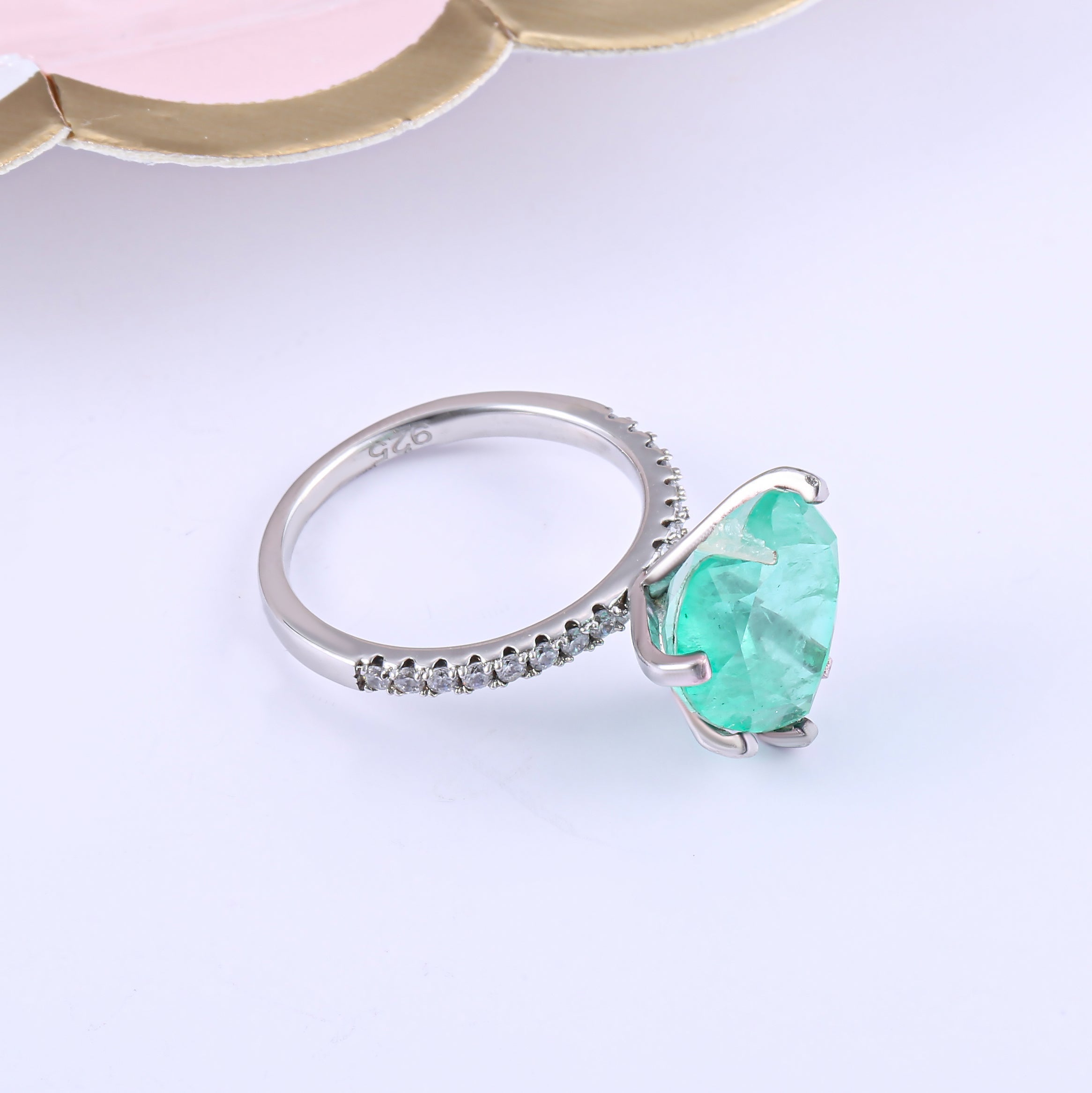 Romance Sweet Heart Ocean Blue Ring featuring a vibrant paraiba stone set in 925 sterling silver with white gold plating.