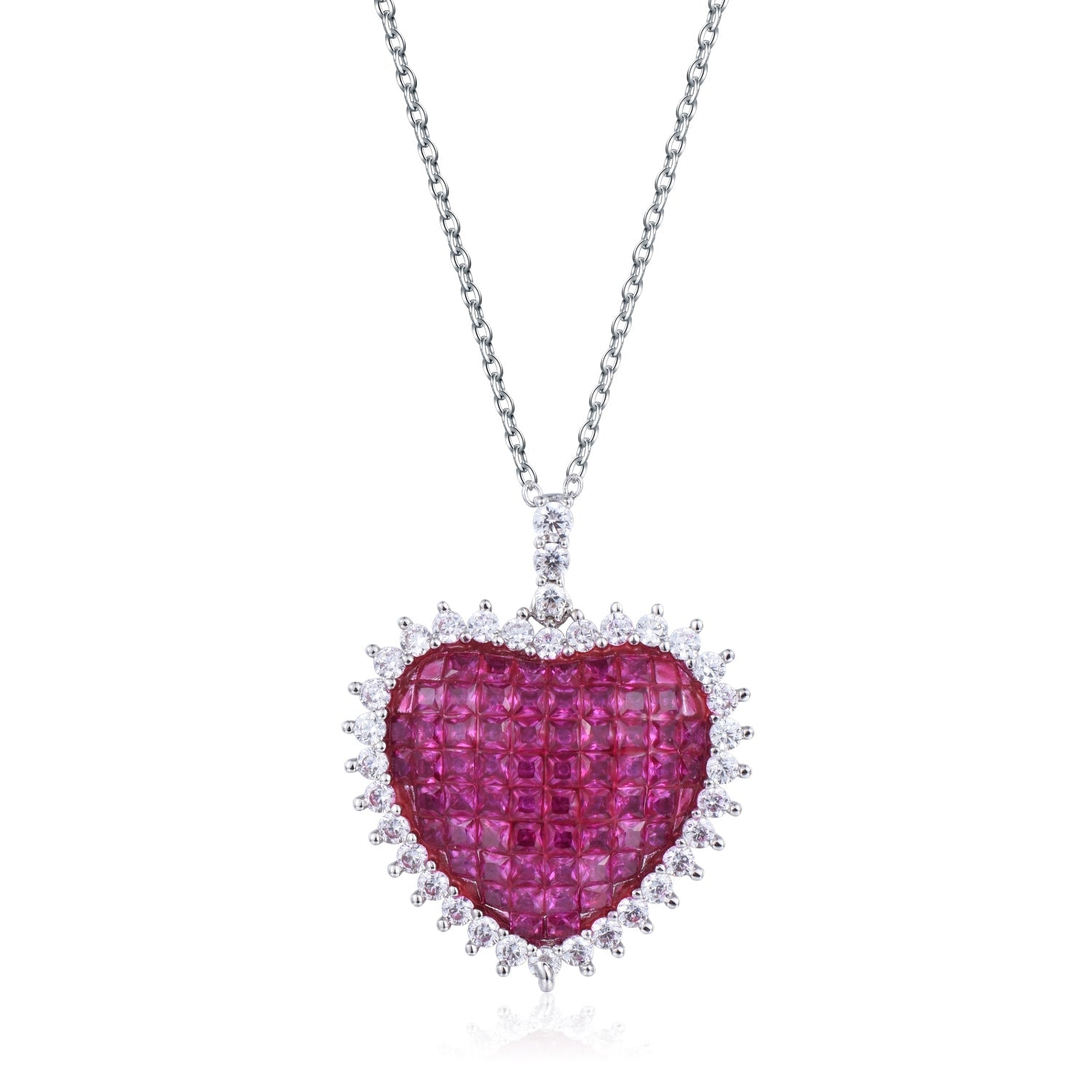 A romantic heart necklace made of 925 sterling silver, featuring white sapphire and ruby stones, elegantly designed for a timeless look.