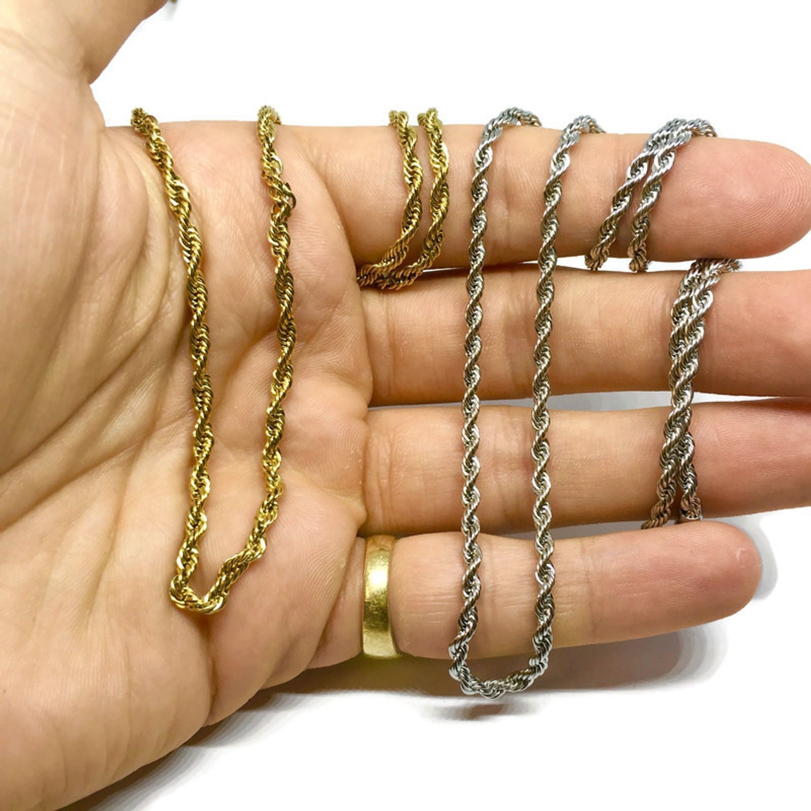 A stylish Rope Chain Steel Necklace made of 18ct gold plated stainless steel, featuring a sleek design and available in multiple colors.