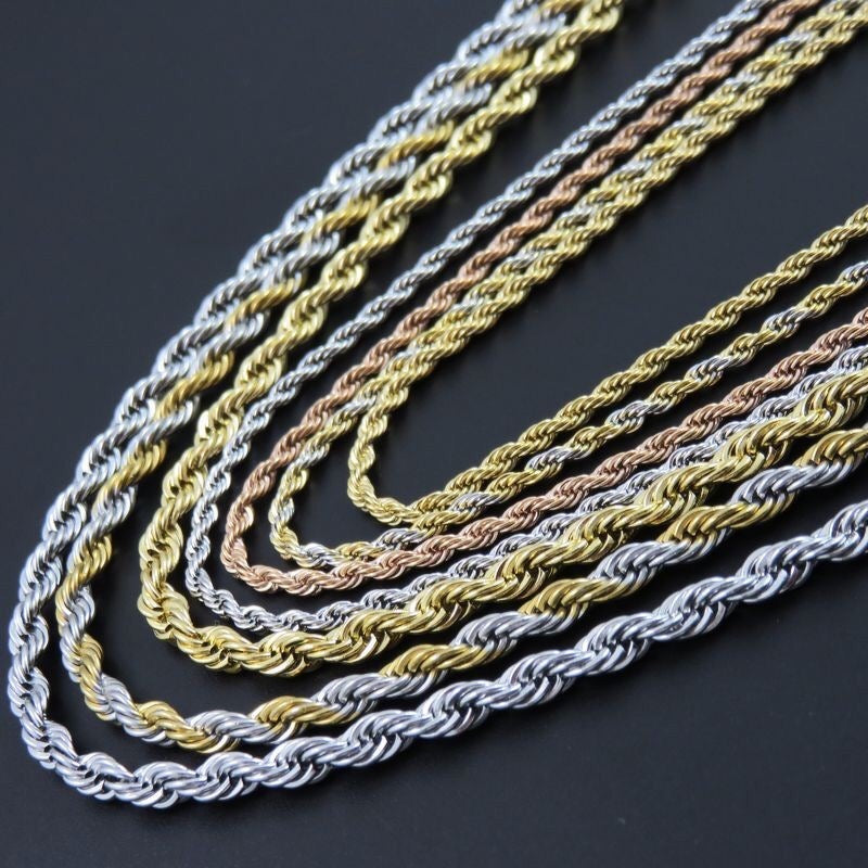 A stylish stainless steel rope necklace available in various sizes, showcasing its elegant twist design.