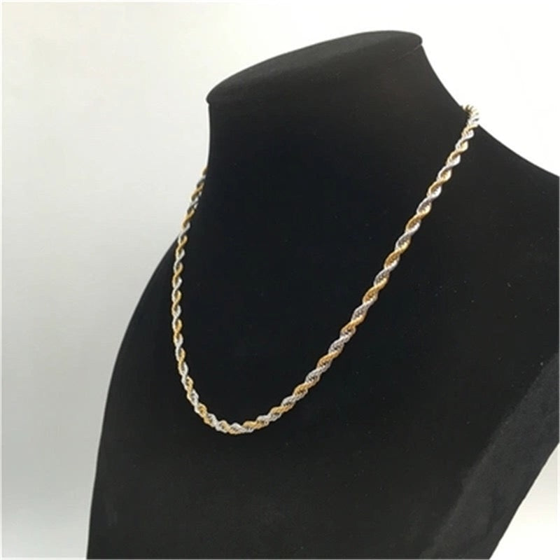 A stylish stainless steel rope necklace available in various sizes, showcasing its elegant twist design.